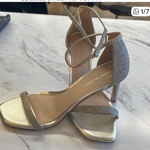 Stuart Weitzman Shoes - Stuart Weitzman Metallic Silver Glitter Ankle-Strap Heels